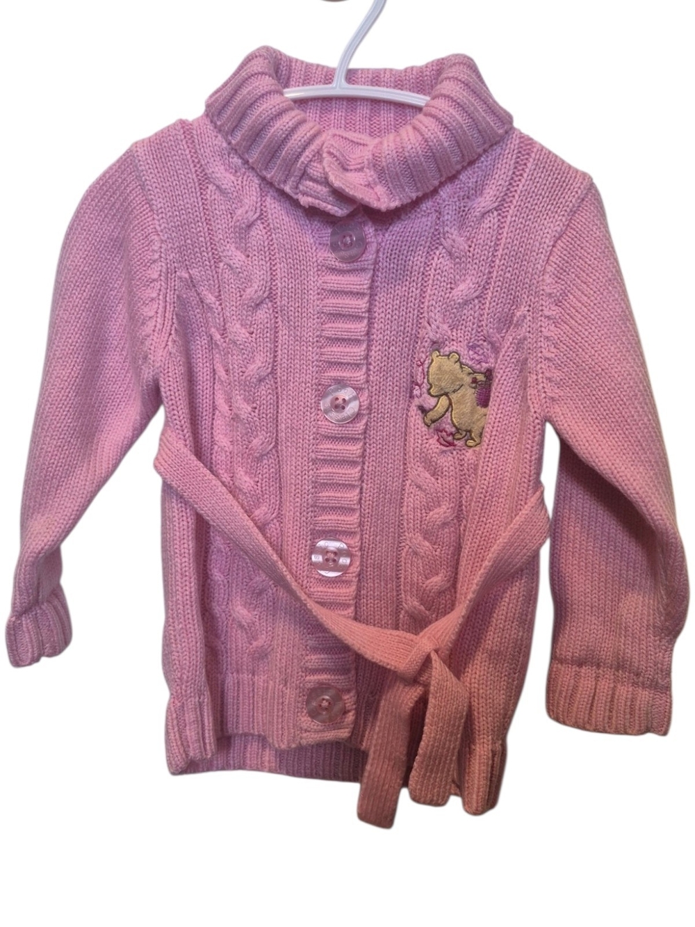 Girls' Pink Cable Knit Cardigan with Embroidered Bear